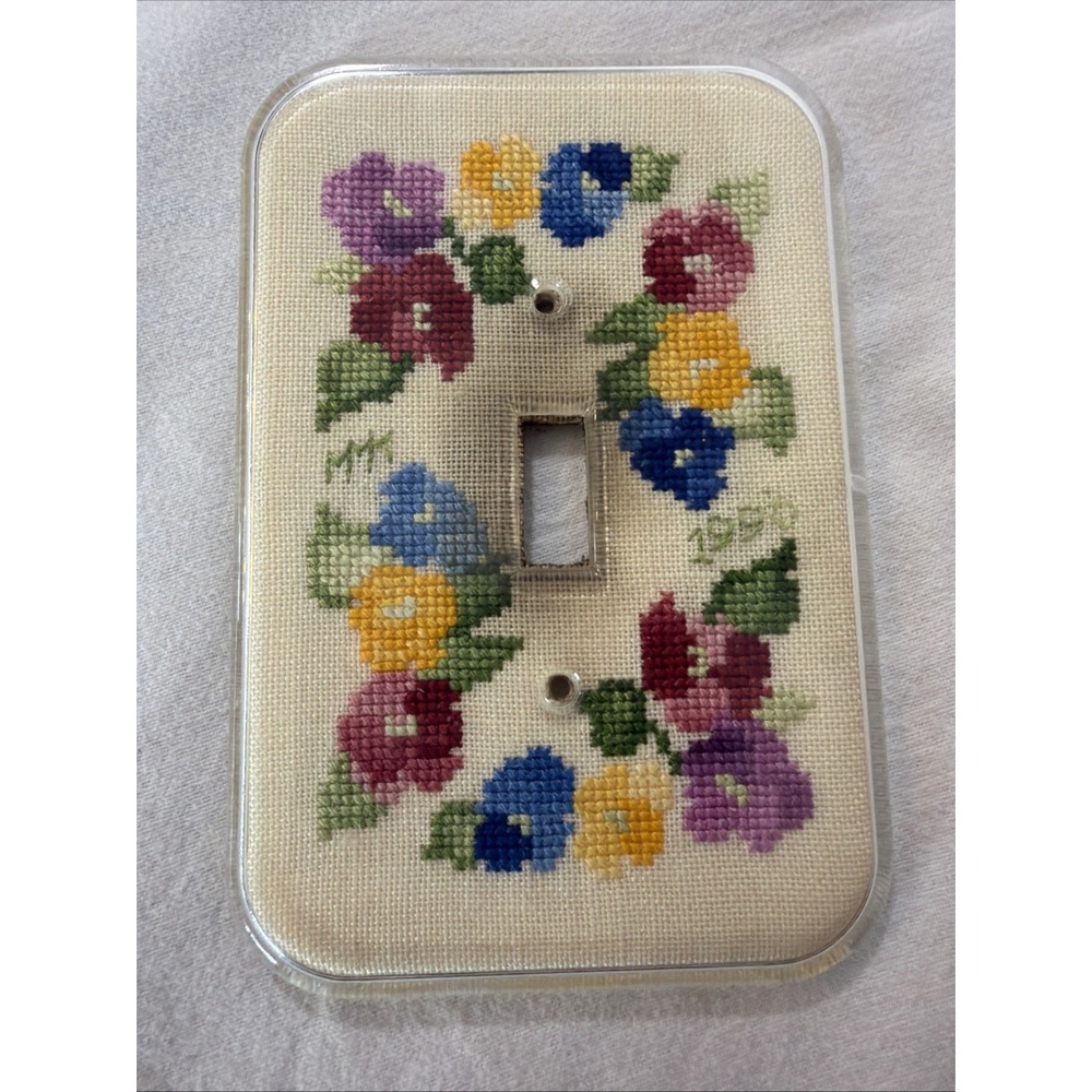 Vtg Finished Cross Stitch Single Toggle Light Switch Cover Floral Completed 1990